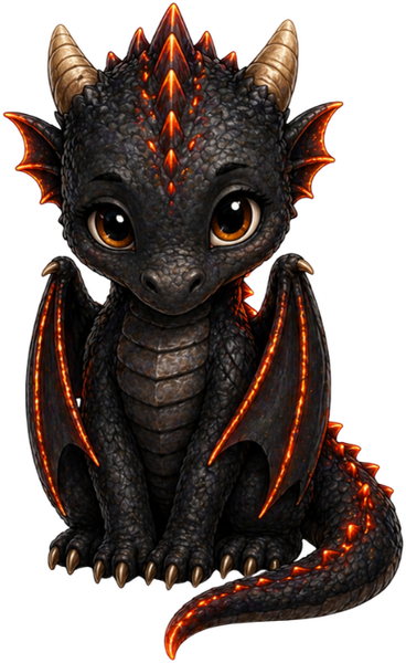 Cinder, a charcoal dragon with glowing orange markings