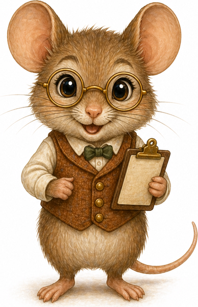 Percy, a tiny field mouse with a waistcoat and clipboard